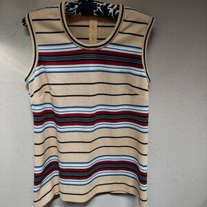 Vintage Union Made ILGWU Women Tan Black Stripe Sleeveless Knit Sweater Zip-Back